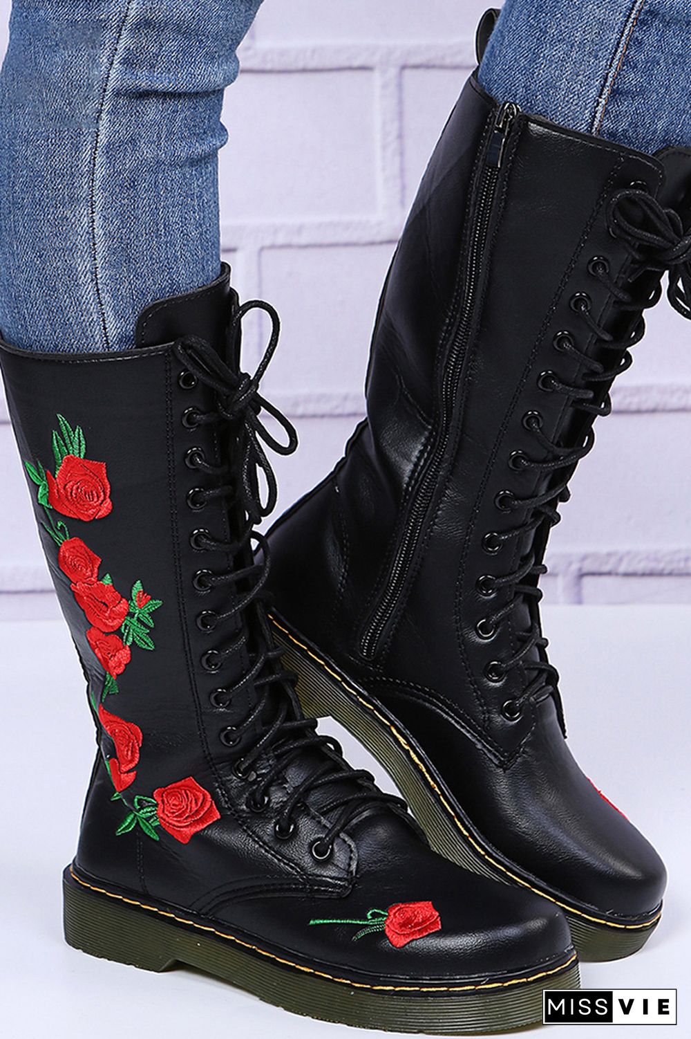 Rose Embroidered Flat Zipper Mid Boots Women Wholesale