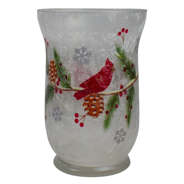 Hand Painted Christmas Cardinal And Pine Flameless Glass Candle Holder