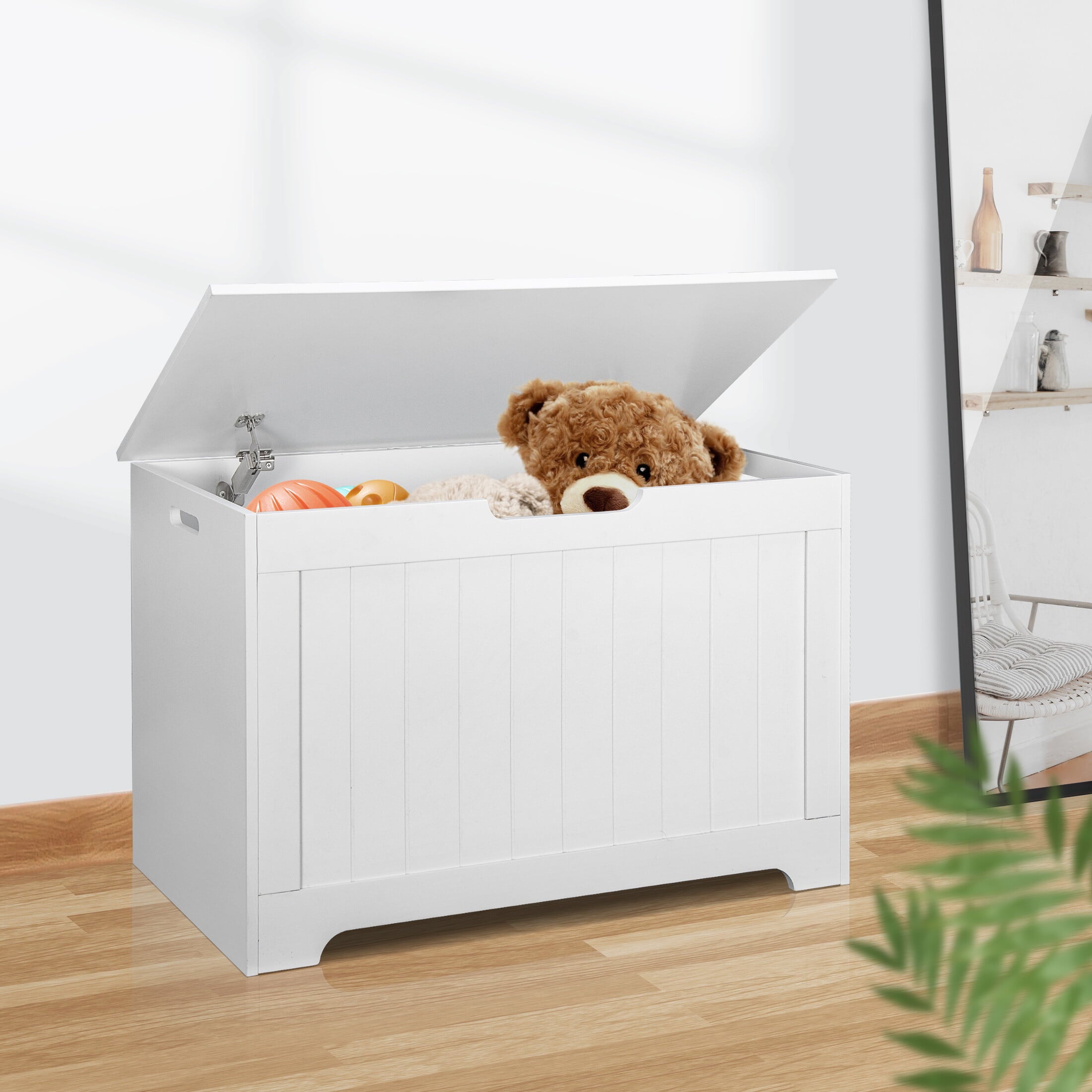 HomGarden 30'' Large Wooden Toy Chest, Kids Storage Box Cabinet W/ Safety Hinged Lid, 150L, White