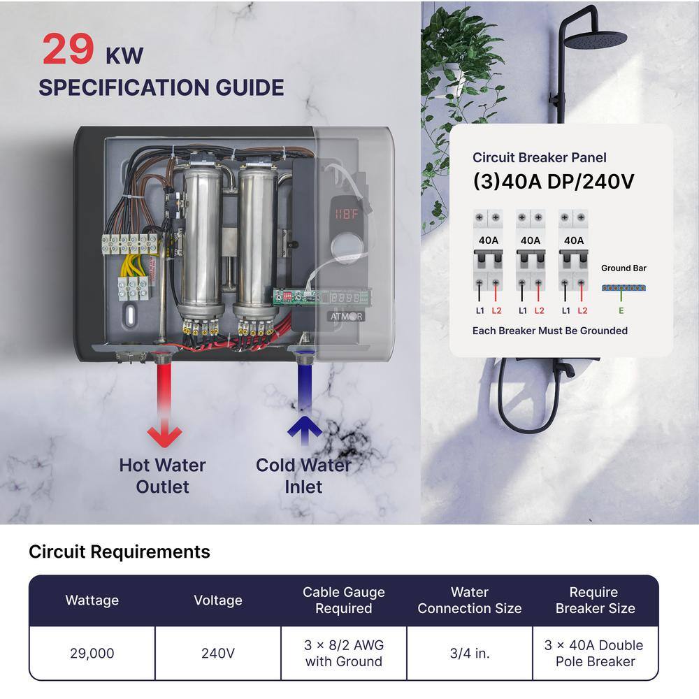 ATMOR 29kW 5.4 GPM Electric Tankless Water Heater Ideal for 3 Bedroom Home up to 6 Simultaneous Applications AT-29WH-HD