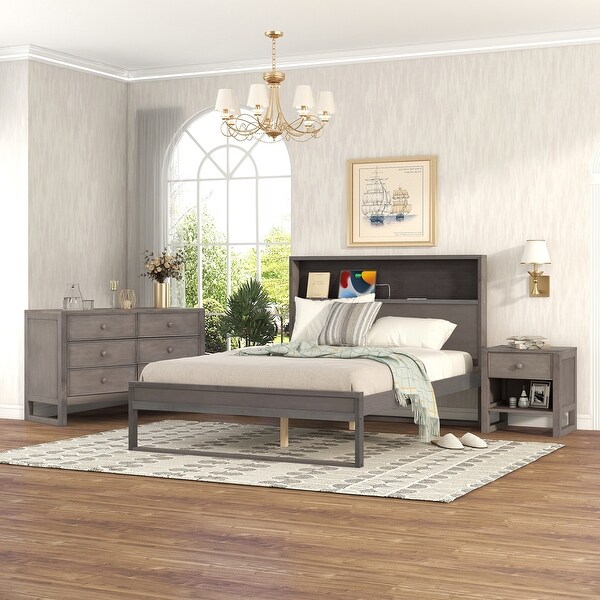 3-Pieces Bedroom Sets Full Size Platform Bed with Nightstand and Dresser - - 37542517