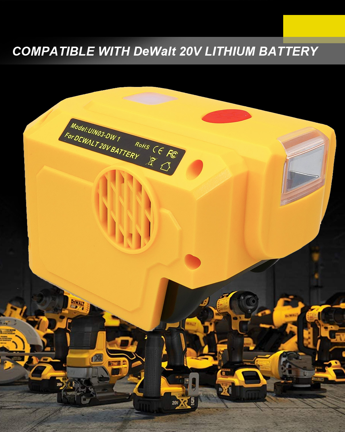 200W Power Inverter Generator Fit for Dewalt 18V 20V MAX XR Lithium Battery， DC 20V 18V to AC 110V-120V Portable Power Station with USB Type C Fast Charging and LED Light USB Charger Adapter