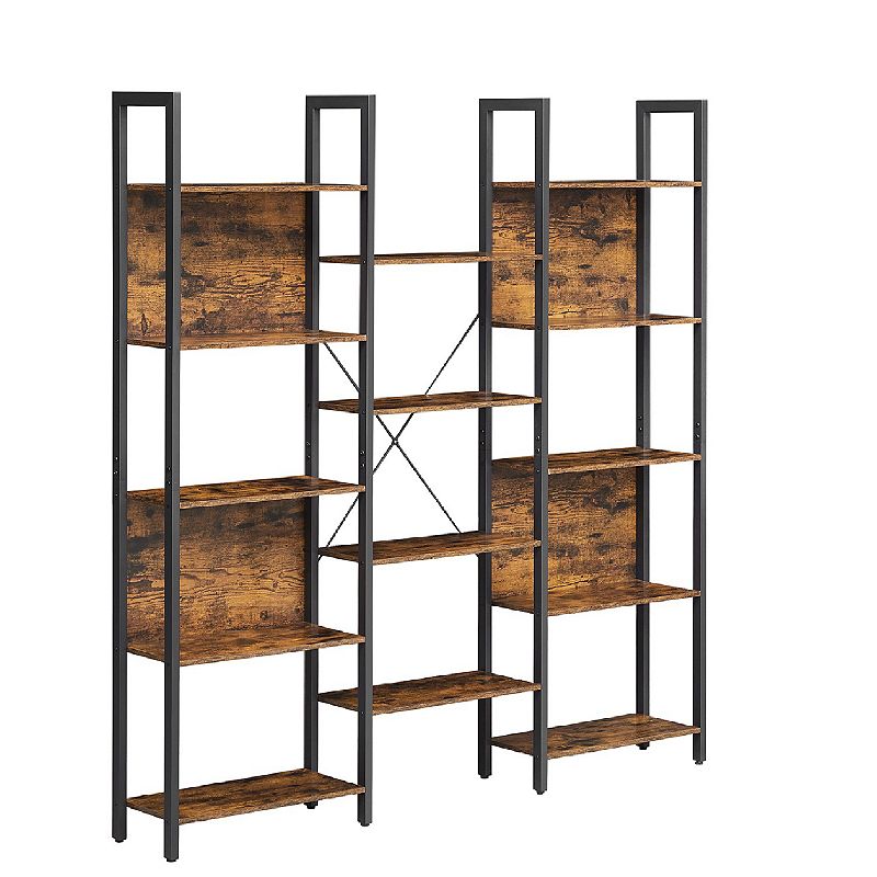 Triple Wide 5 Tier Bookshelf， Bookcase With 14 Storage Shelves， Metal Frame， Living Room