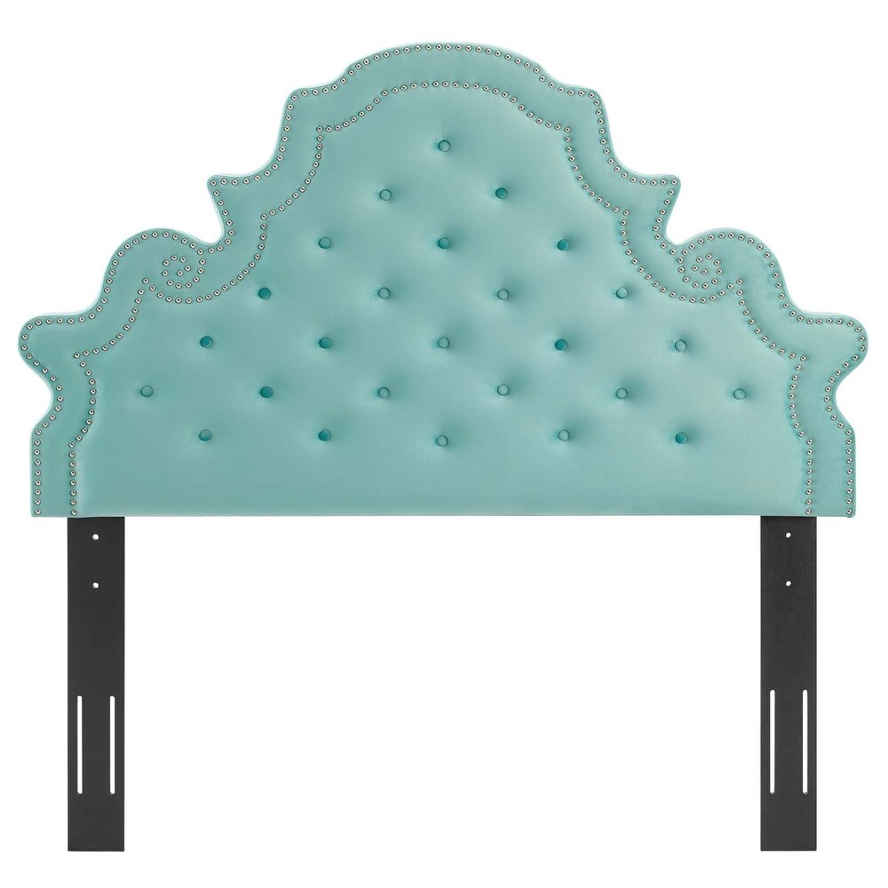 Ambridge Button Tufted Light Green Velvet Upholstered King/California King Size Headboard with Nailhead Trim