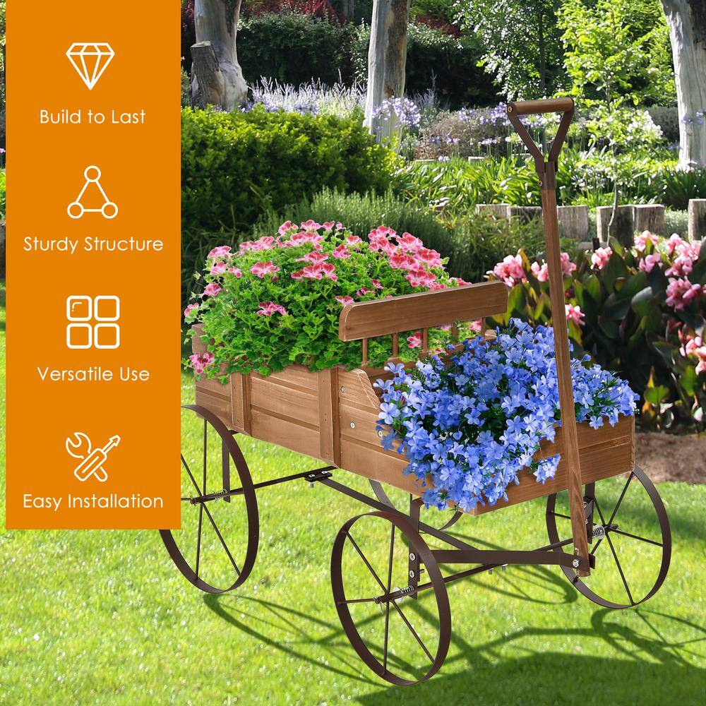 HONEY JOY Wooden Garden Flower Planter Wagon Wheel Plant Bed Decorative Garden Planter for Backyard Garden Brown TOPB004892