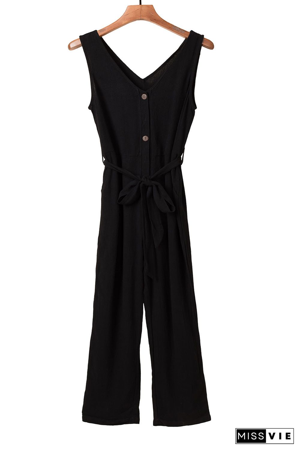 Black V Neck Button Belted Jumpsuit with Pockets