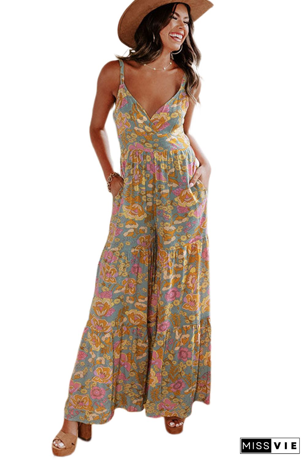 Sky Blue Adjustable Straps Floral Tiered Wide Leg Jumpsuit