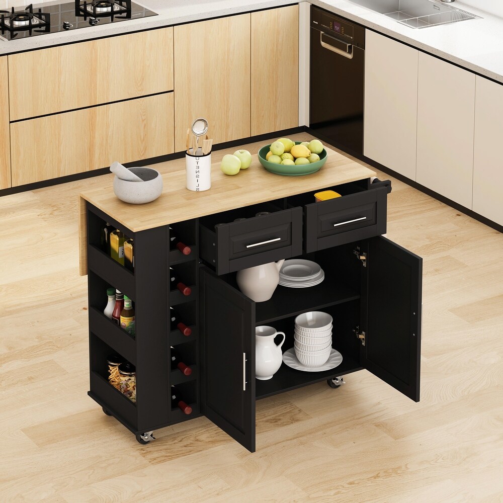 Kitchen Island Cart  2 Door Cabinet  Dual Drawers  Spice Rack  Towel Holder  Wine Rack  Foldable Rubberwood Table