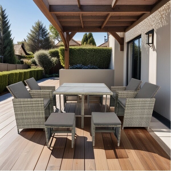 9 Pieces Patio Dining Sets Outdoor Space Saving Rattan Chairs with Glass Table Patio Furniture Sets Cushioned Seating