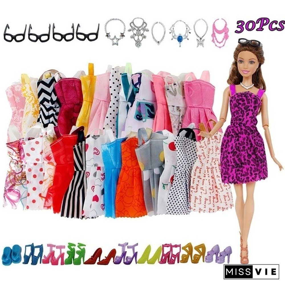 10/20/30 Item/Set Doll Accessories = 10x Mix Fashion Cute Dress + 10x Shoes + 4x Glasses+ 6x Necklaces Dress Clothes For Barbie