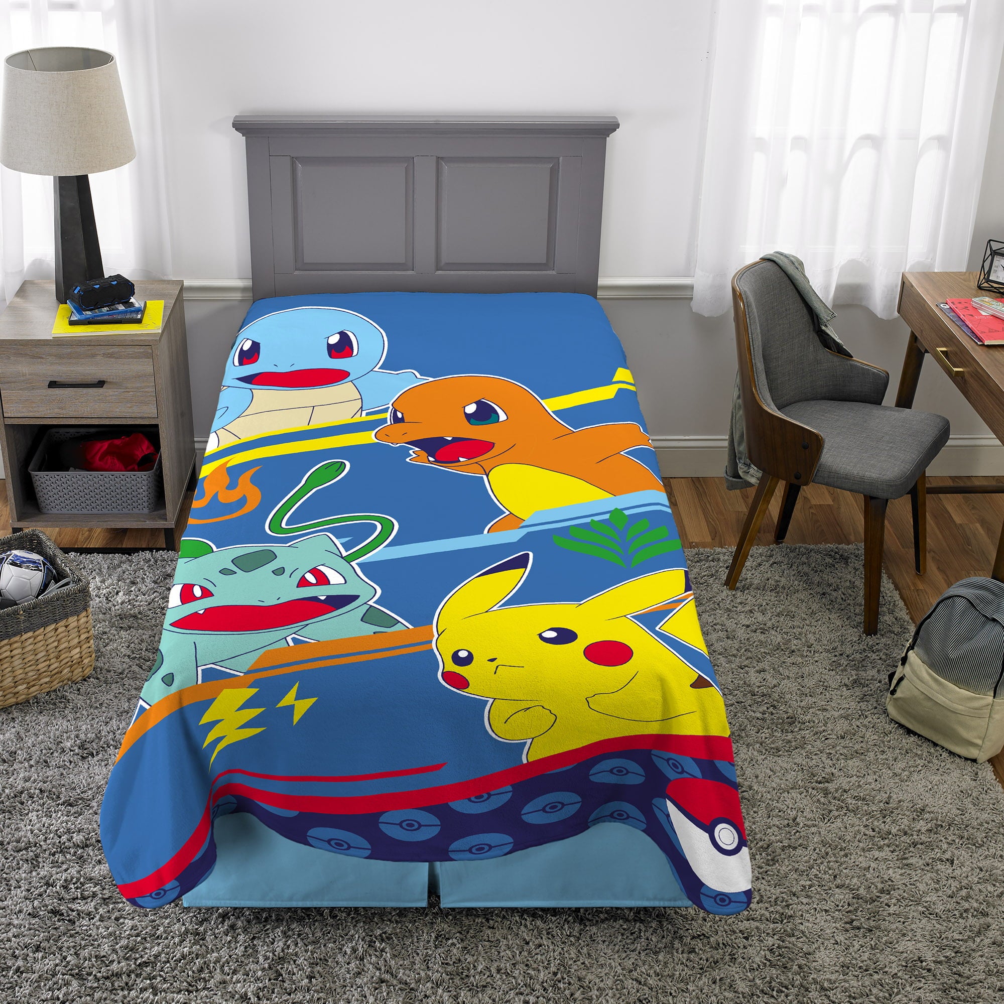 Pokemon Kids Plush Twin/Full Blanket， 62 x 90 ， Blue