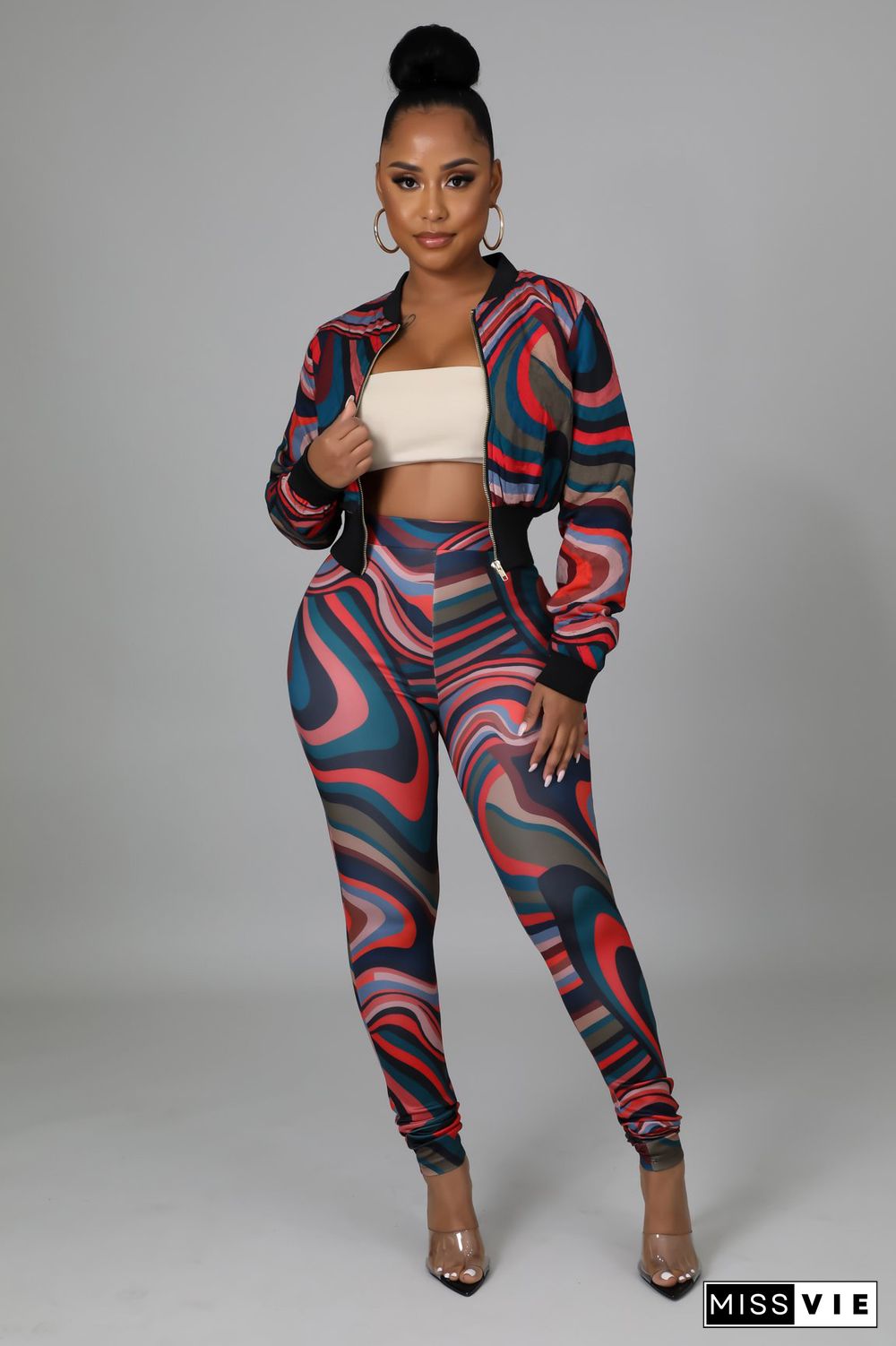 Printed Long Sleeve Zipper Jacket And Pant Suits