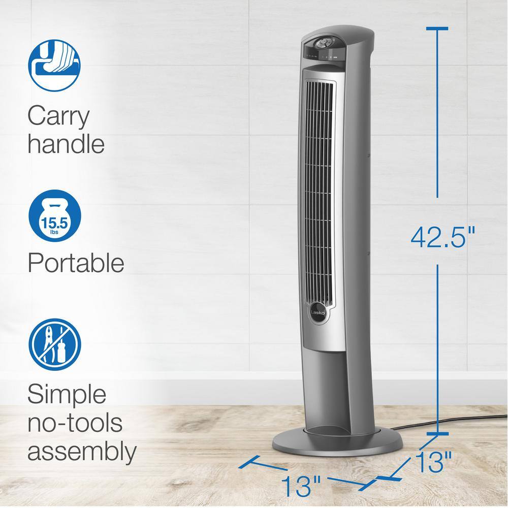 Lasko Wind Curve 42 in. 3-Speed Oscillating Platinum Tower Fan with Fresh Air Ionizer and Remote Control 2551