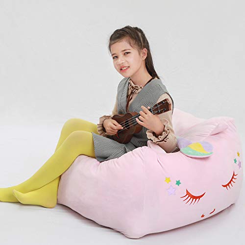 Unicorn Stuffed Animal Toy Storage Kids Bean Bag Chair Cover Large Size 24X24 Inch Velvet Extra Soft Stuffed Organization Replace Mesh Toy Hammock For Kids Blankets Towels Clothes Home Supplies Pink