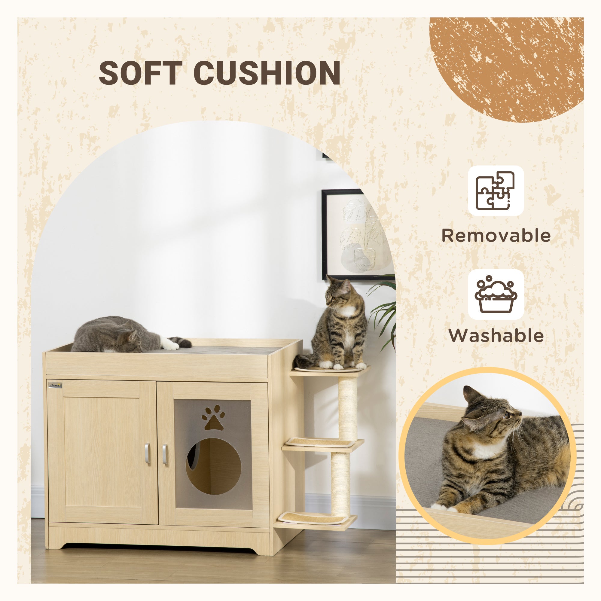 PawHut 3-in-1 Cat Litter Box Enclosure and Elevated Cat Bed Tree with Scratching Posts for Large and Small Kitties， Hidden Cat Litter Cabinet with Double Doors， Soft Cushion