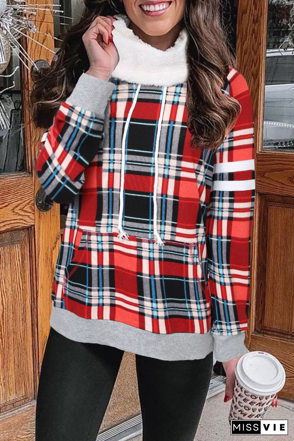 Buffalo Plaid Print Sherpa Patchwork High Neck Sweatshirt