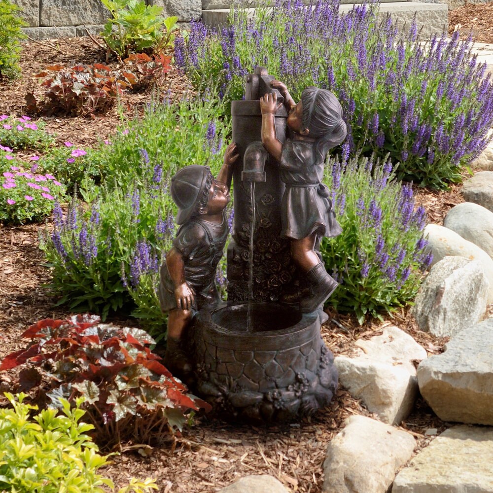 Pure Garden Boy and Girl Water Outdoor Fountain   14.6 x 15.5 x 28