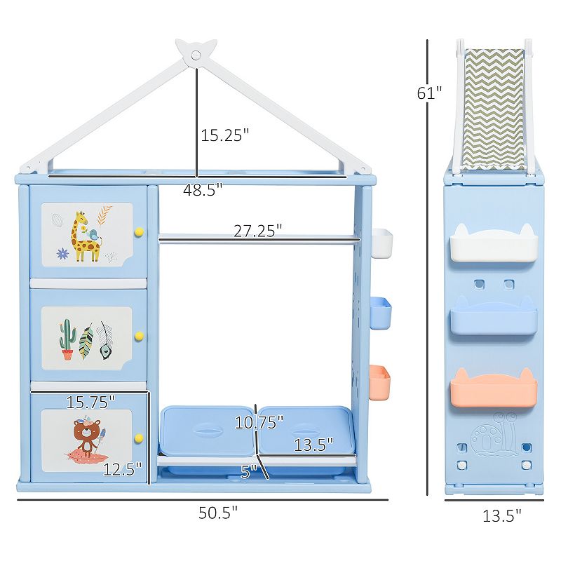 Qaba Kids Toy Storage Organizer with 2 Bins Coat Hanger Bookshelf and Toy Collection Shelves Orange