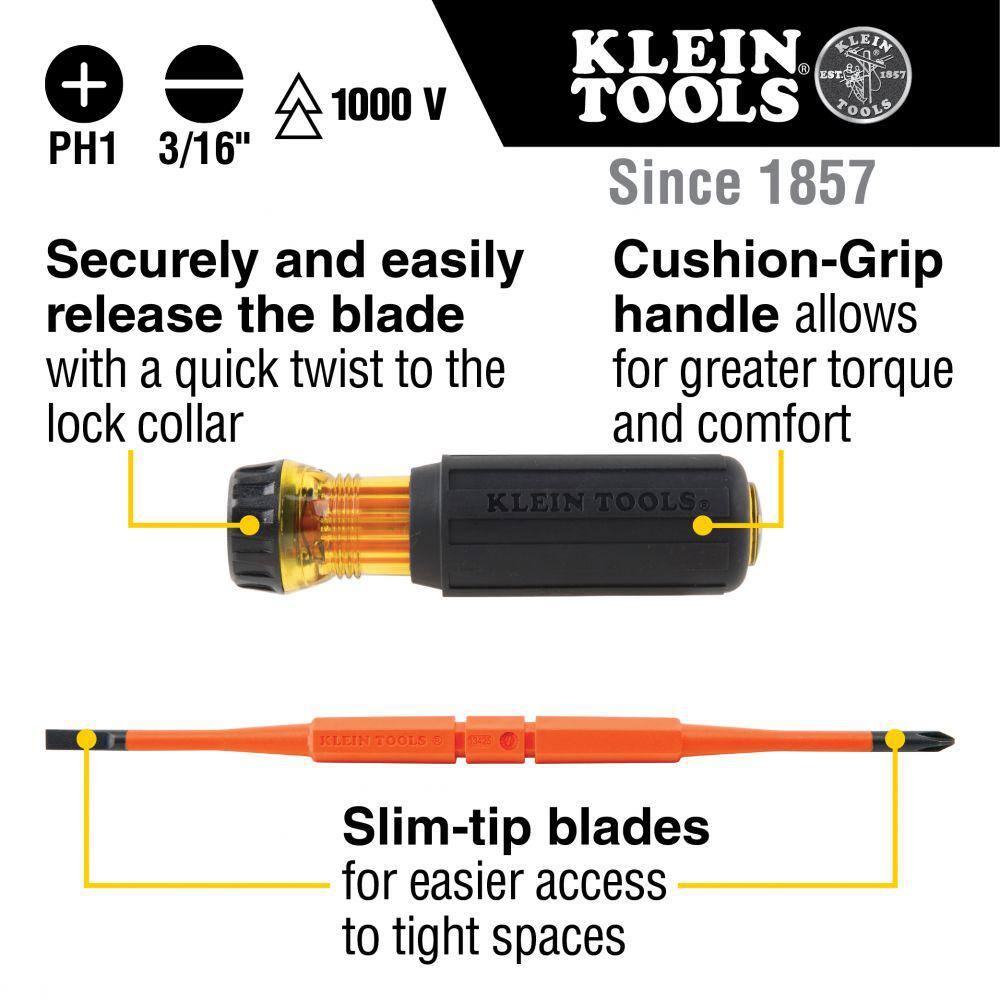 Klein Tools 2-in-1 Insulated Flip-Blade Screwdriver #1 Phillips 316 in. Slotted 32286