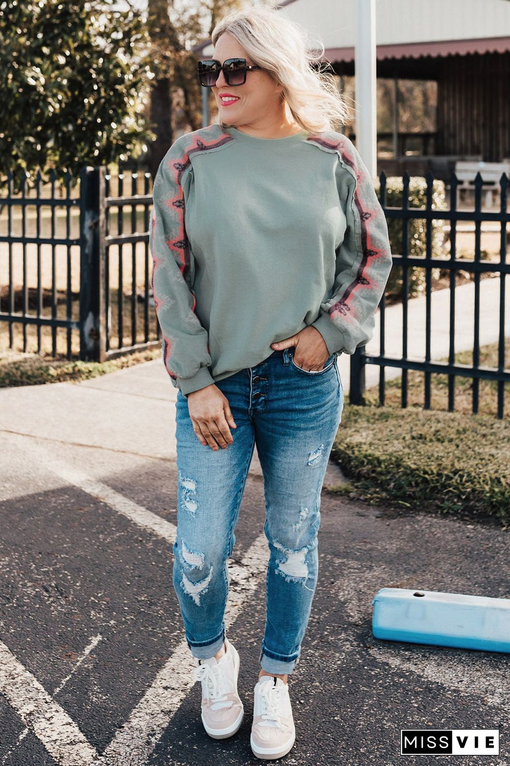 Sky Blue Plus Size Embroidered Patchwork Long Sleeve Sweatshirt