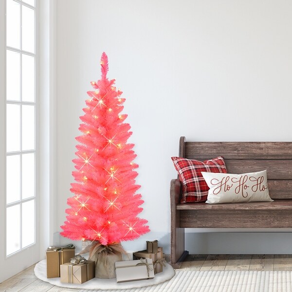 Puleo International 4 ft PreLit Pink Artificial Tree in Burlap Sac