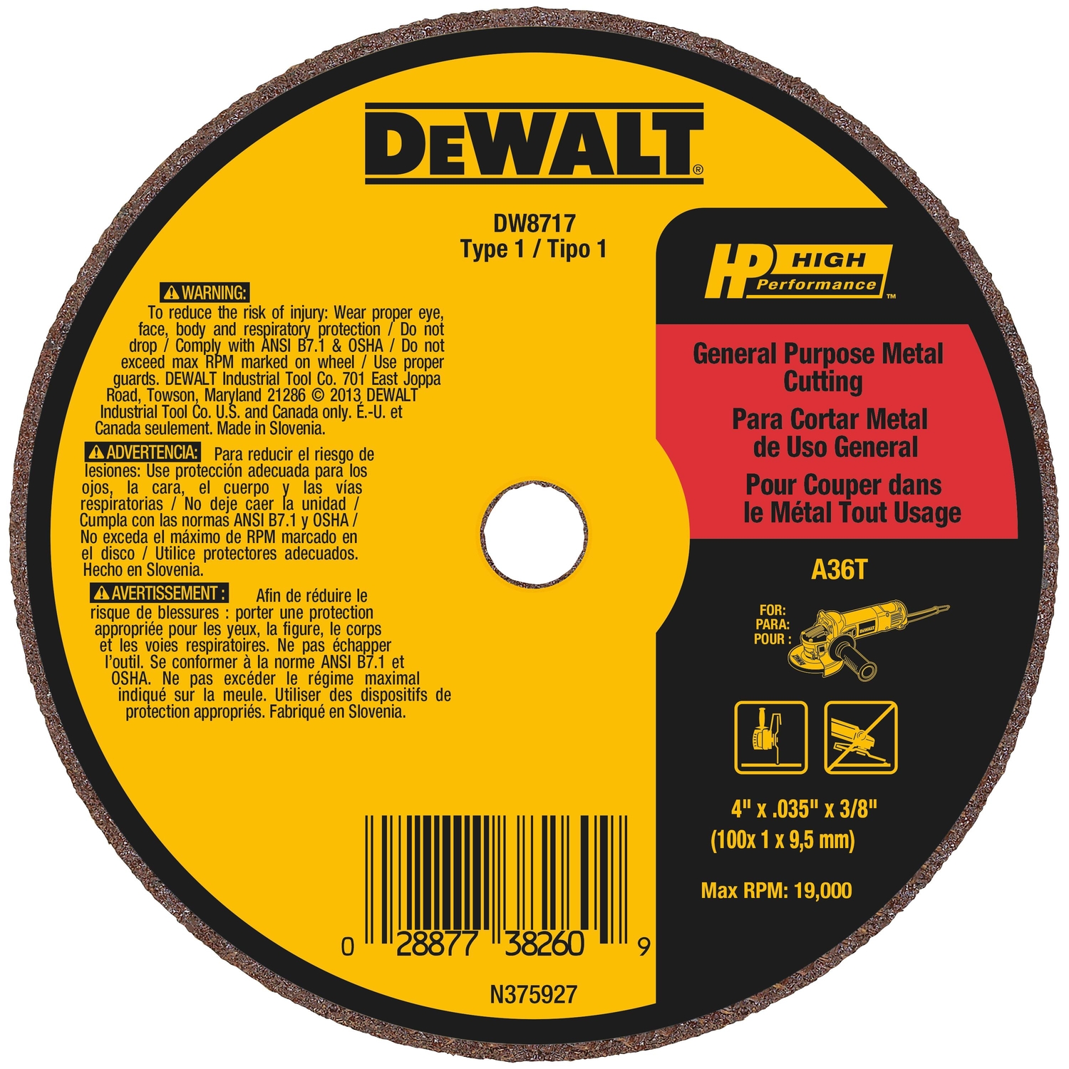 DW 4 in. D X 3/8 in. Aluminum Oxide Cut-Off Wheel