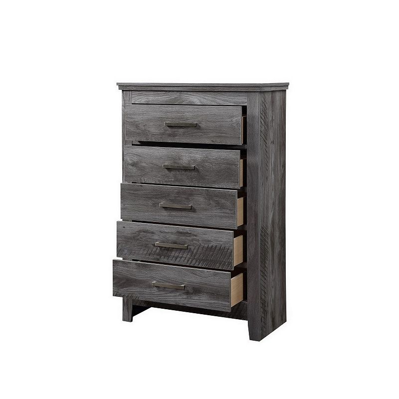 5 Drawer Wooden Chest with Metal Bar Pulls， Rustic Gray