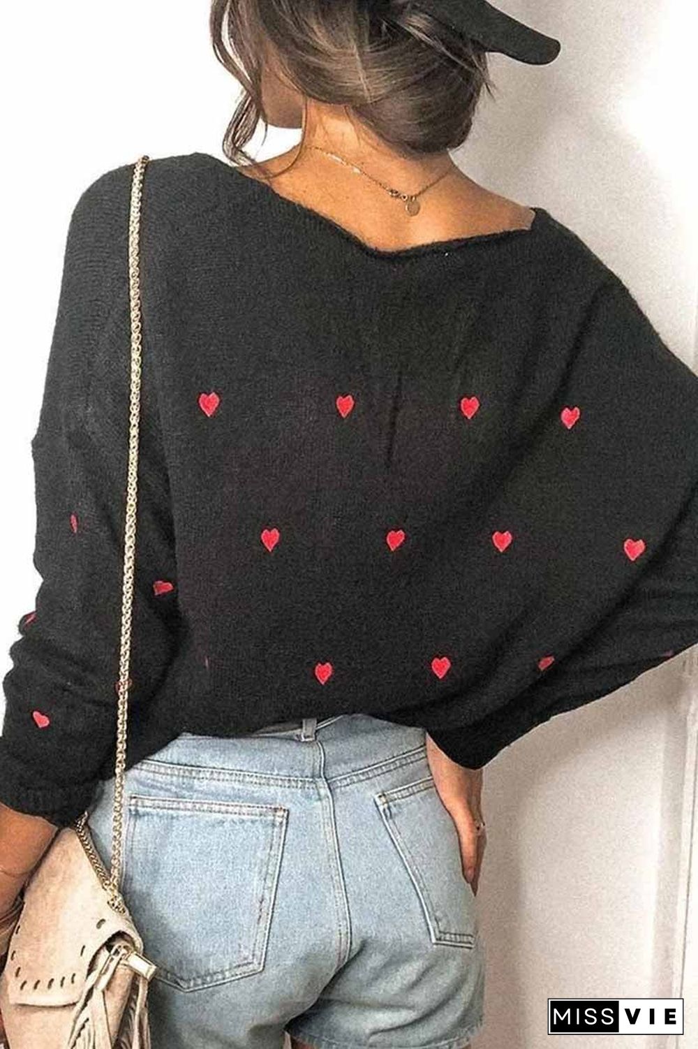 Loose V-Neck Heart-Shaped Knitted Sweater