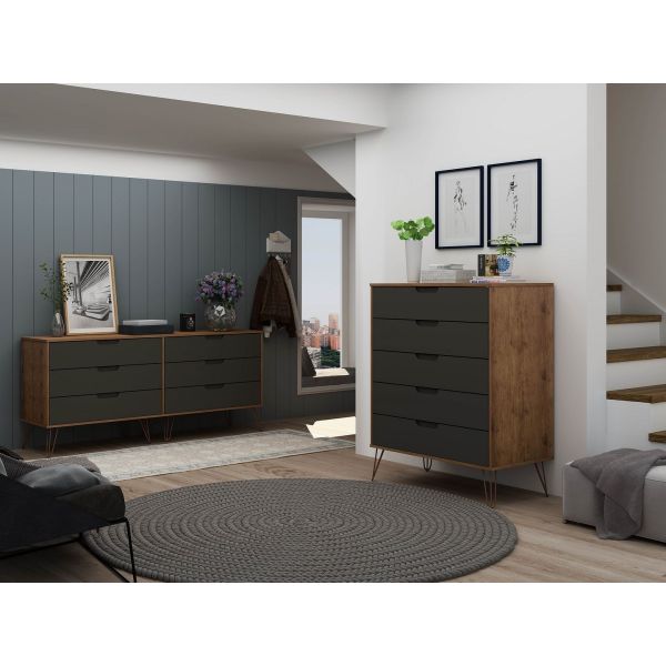 Rockefeller 5-Drawer Tall Dresser and 6-Drawer Wide Dresser in Nature and Textured Grey