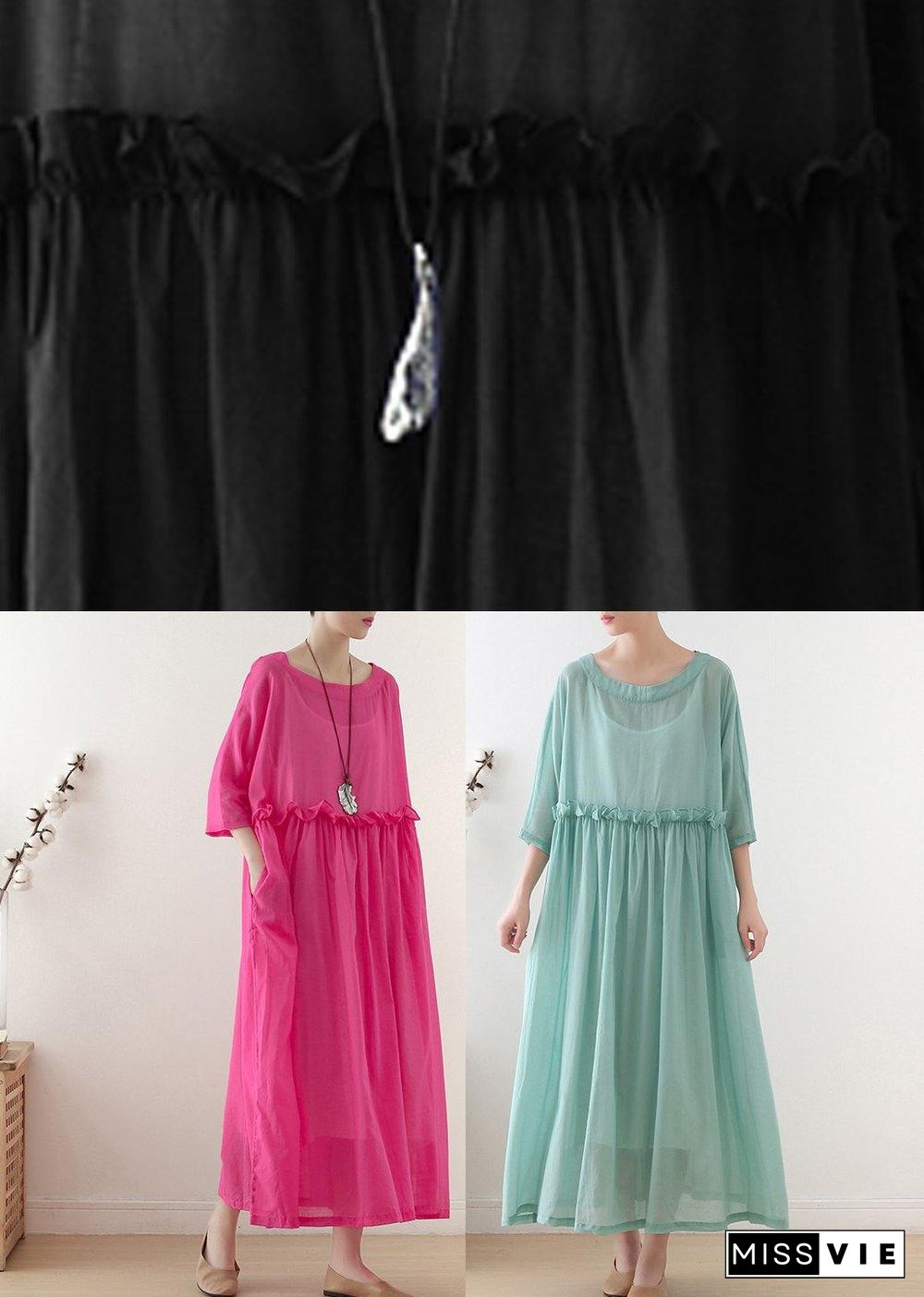 Casual Rose O-Neck Ruffled Long Dress Summer Chiffon Dress