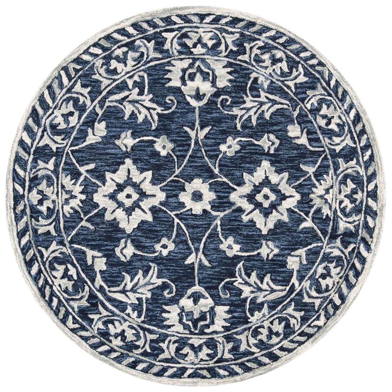 SAFAVIEH Micro-Loop Kevin Floral Area Rug， Navy/Taupe， 5and#8242; x 5and#8242; Square