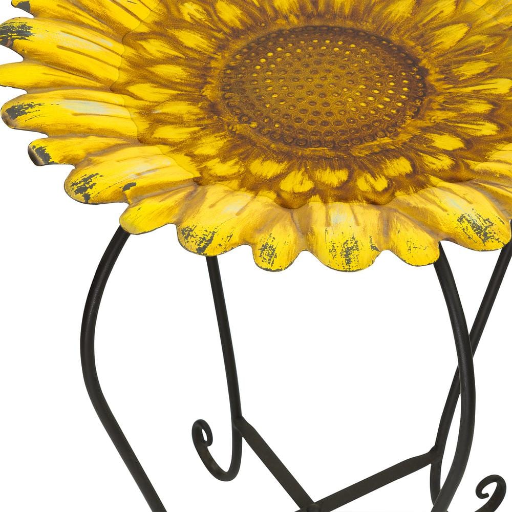 Alpine Corporation 19 in. Tall Embossed Metal Sunflower Birdbath Decoration Yard Statue MAZ470