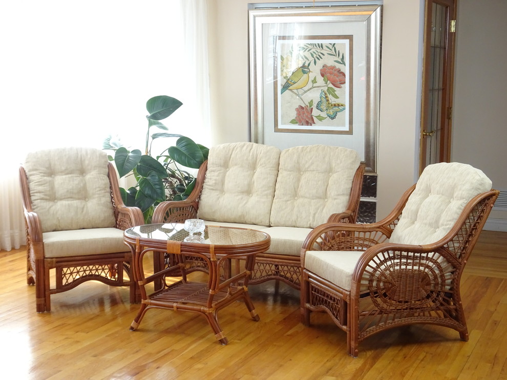 Malibu Set of 2 Rattan Wicker Chairs  Loveseat and Coffee Table  Colonial   Tropical   Living Room Furniture Sets   by RattanUSA  Houzz