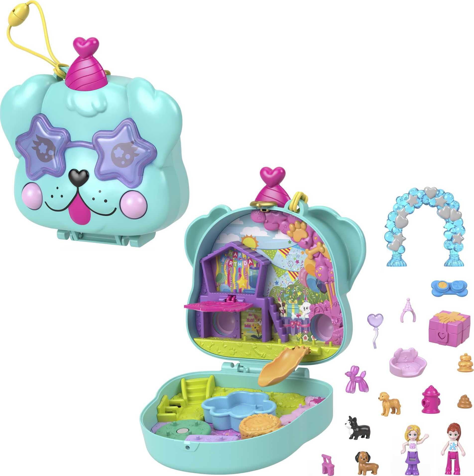 Polly Pocket Doggy Birthday Bash Compact Playset with 2 Micro Dolls and Accessories, Travel Toys