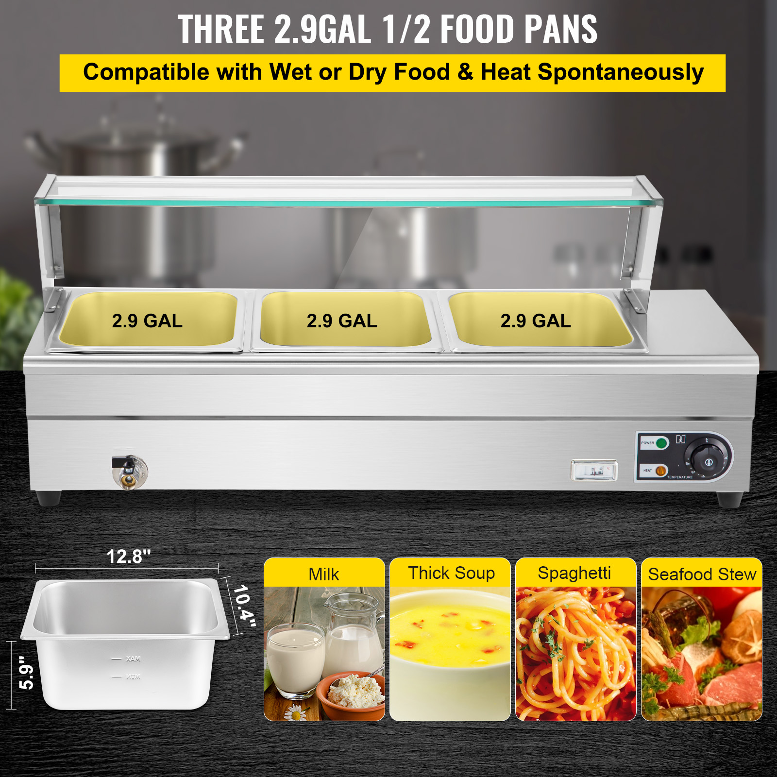 VEVORbrand 3-Pan Bain Marie Food Warmer 6-inch Deep， 1500W Electric Countertop Food Warmer 33 Quart with Tempered Glass Shield， 110V Food Grade Stainelss Steel Commercial Table with 3 Lids and 2 Ladles