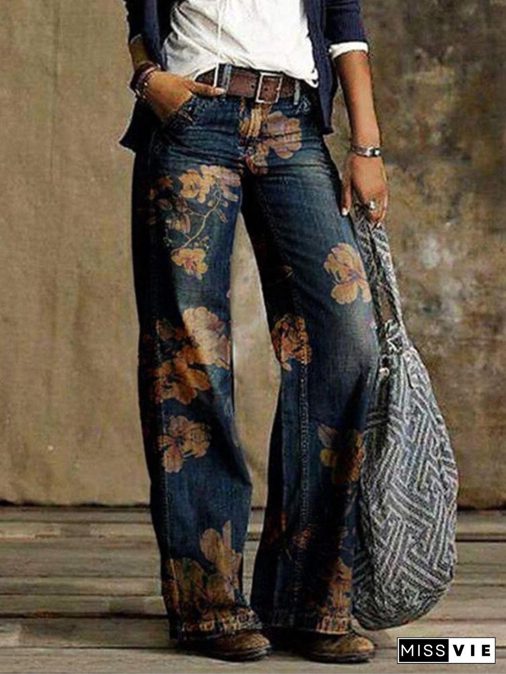 Casual Plus Size Printed Wide-leg Jeans