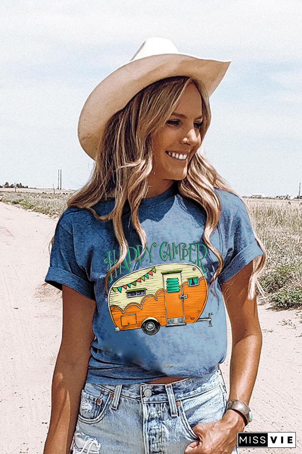 Blue HAPPY CAMPERD Print Graphic Tee