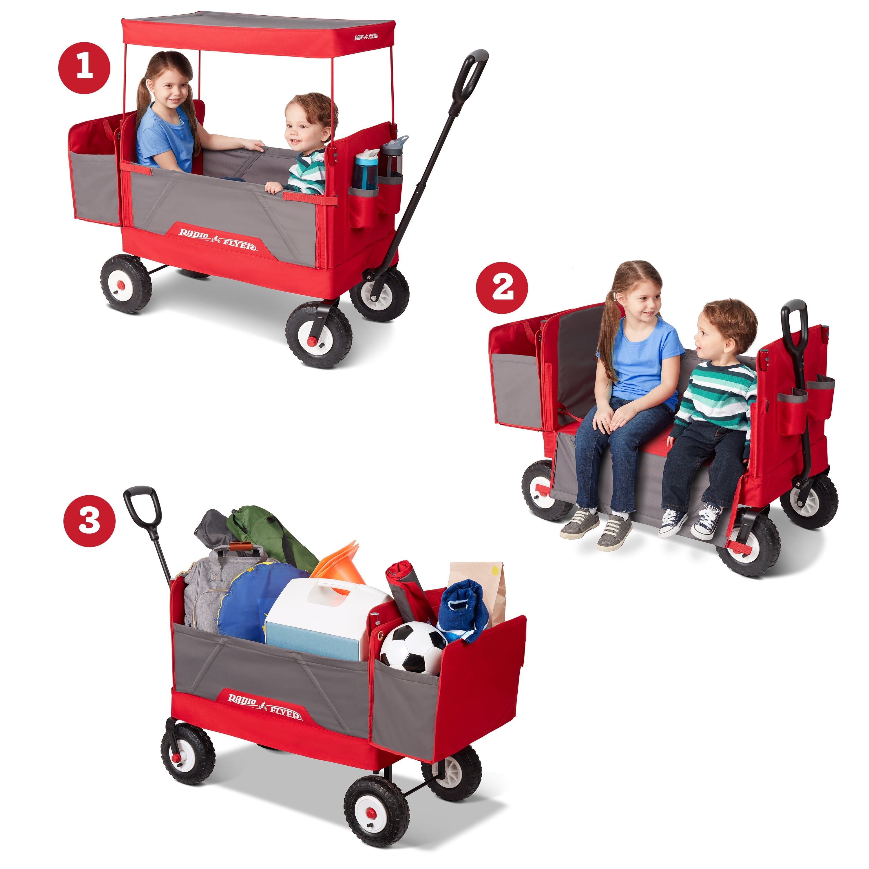 Radio Flyer, 3-in-1 All-Terrain EZ Fold Wagon with Canopy, Red and Gray, Air Tires