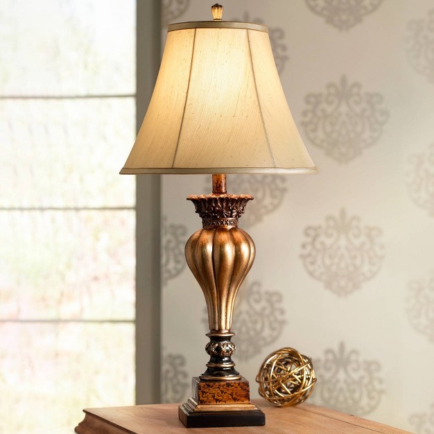 Tall Gold Vase Silhouette With Fluting And Floral Tan Bell Shade For Bedroom Living Room Bedside Home