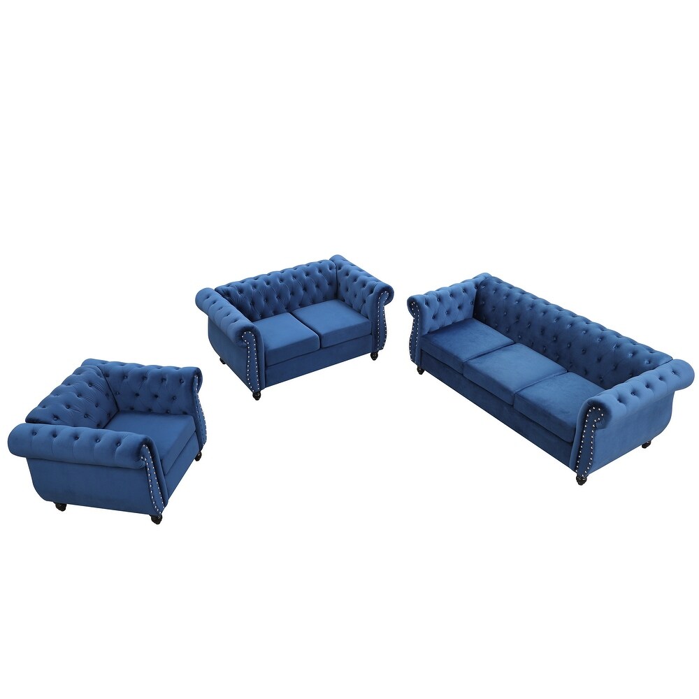 Dutch Velvet Sectional Sofa Tufted Backrest Recliner Loveseat with Nailheads Rolled Armsrest Single Sofa Chair(3pcs)  Blue gray