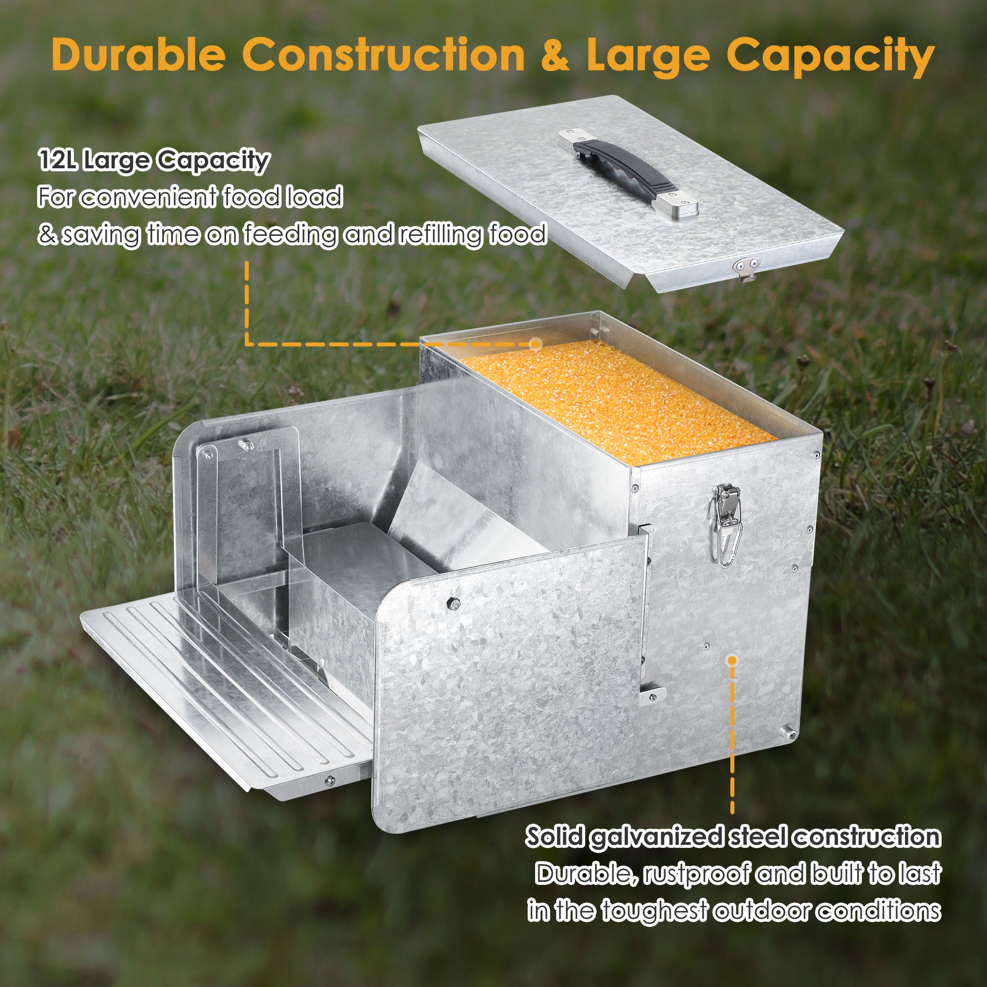Yescom 12L Automatic Chicken Feeder w/Lock Weatherproof Steel Poultry Farm 26lbs for 6-12 Chicken