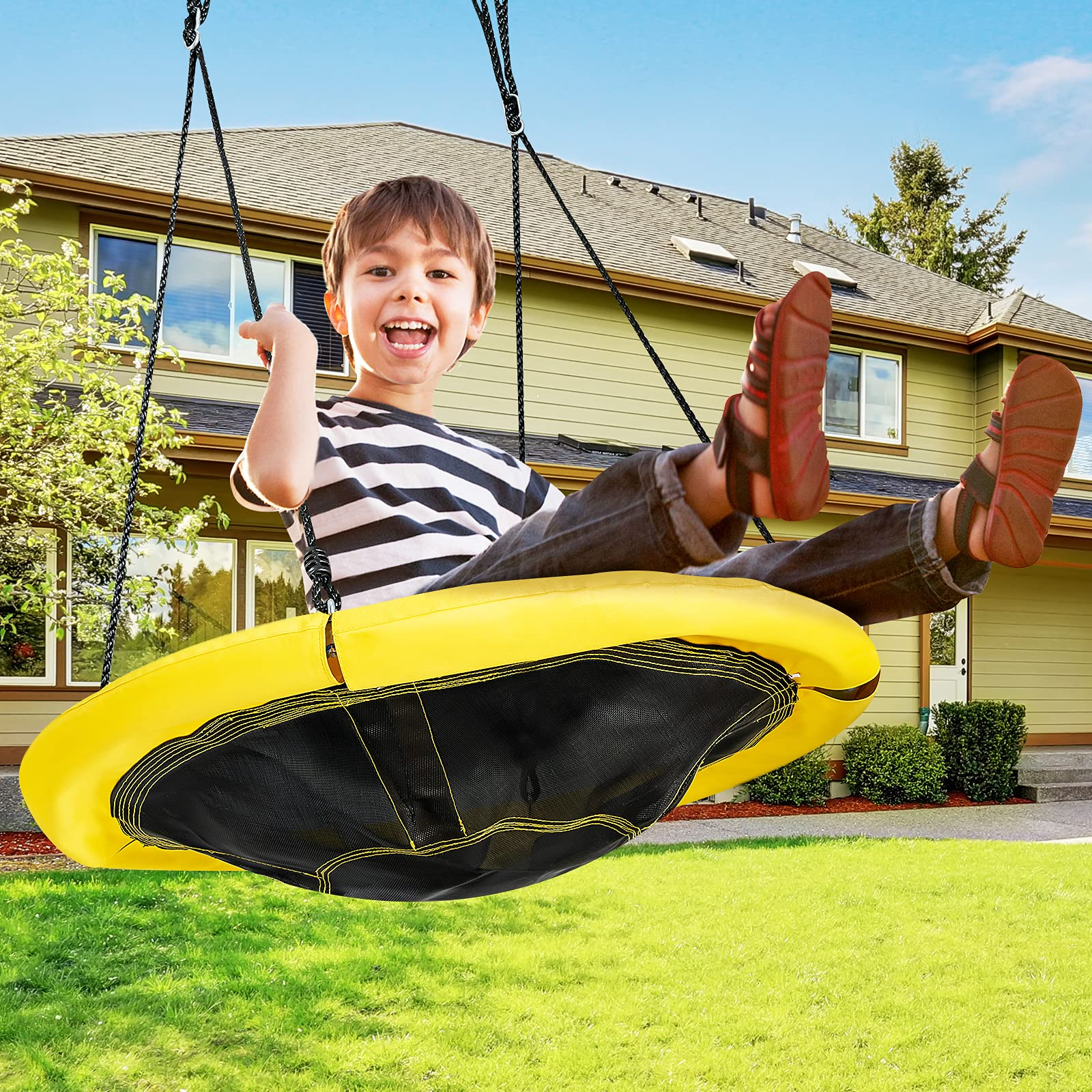 Costzon 40'' Saucer Tree Swing, Round Flying Nest Tree Swing with Oxford Cloth Platform (Yellow)