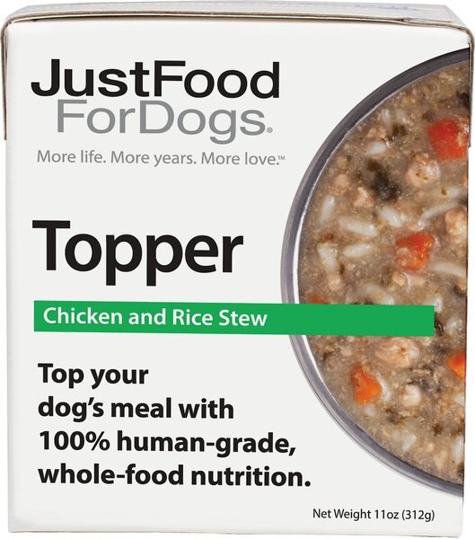 JustFoodForDogs Chicken and Rice Stew Recipe Fresh Dog Food Topper， 11-oz pouch， case of 12