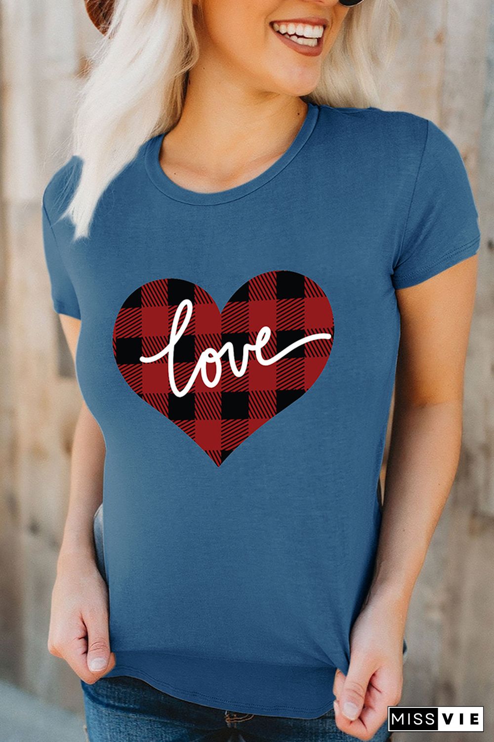 VALENTINE'S DAY Plaid Heart Graphic Tee Short Sleeve T shirts Top Wholesale