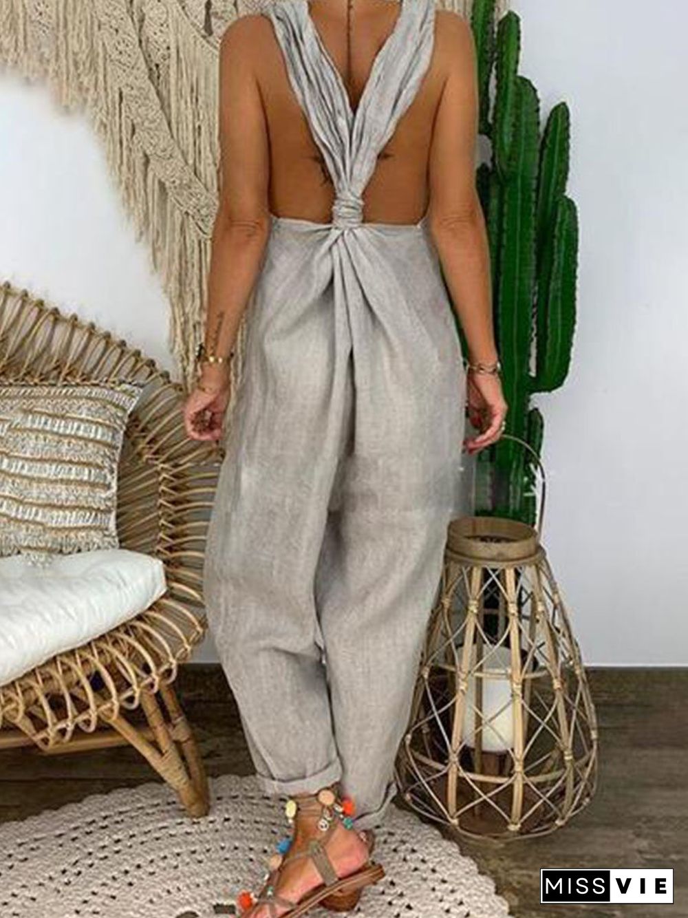 Solid Cross-back Cotton Linen Loose Jumpsuit P15114