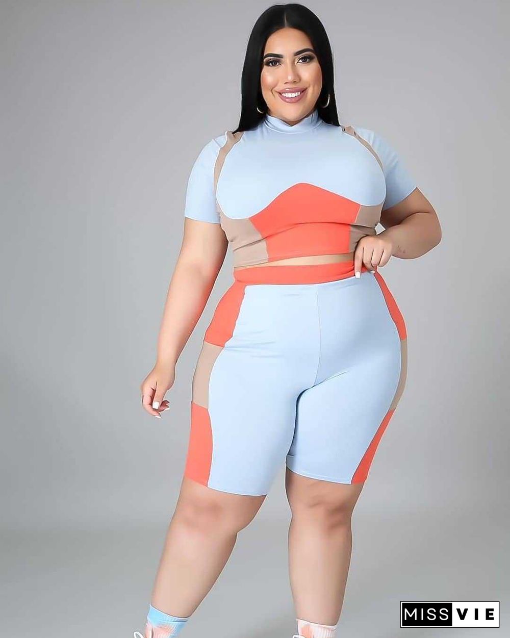 Women Plus Size Set Patchwork Short Sleeve Crop Tops Stretchy Shorts Tracksuit Summer Two Piece Outfits