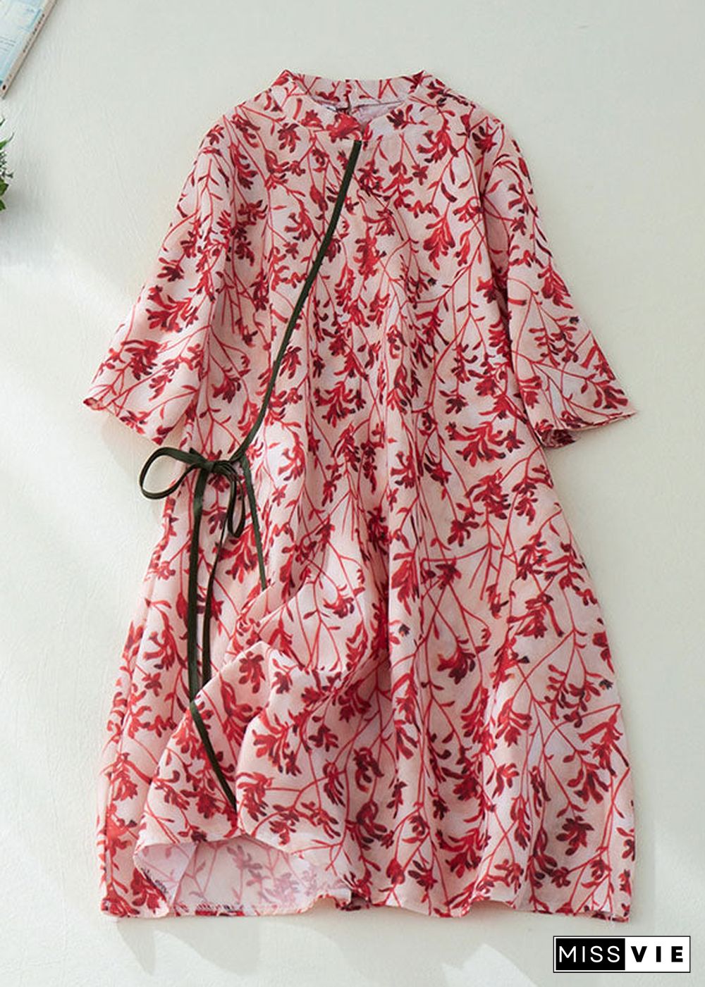 Diy Red Stand Collar Print Button Linen Holiday Cinch Dress Half Sleeve