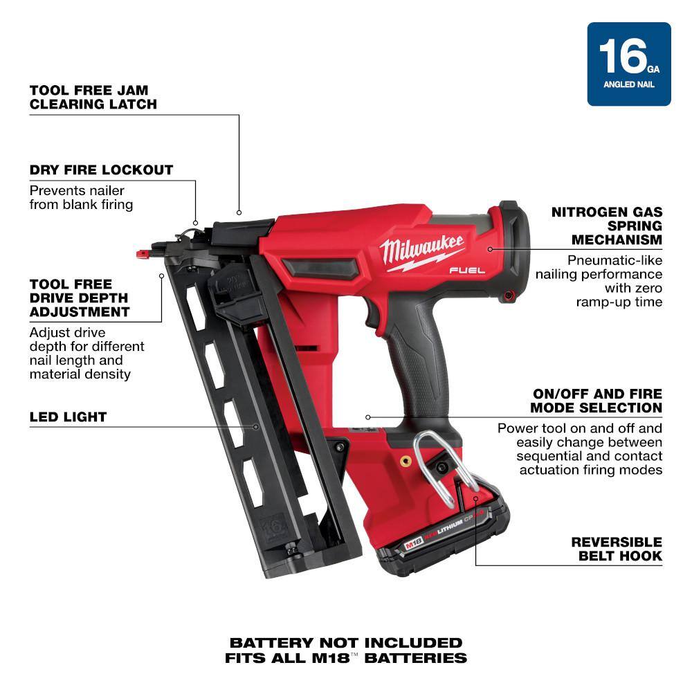 MW M18 FUEL 18-Volt Lithium-Ion Brushless Cordless Gen II 16-Gauge Angled Finish Nailer Kit with 2.0Ah Battery and Charger 2841-21CT