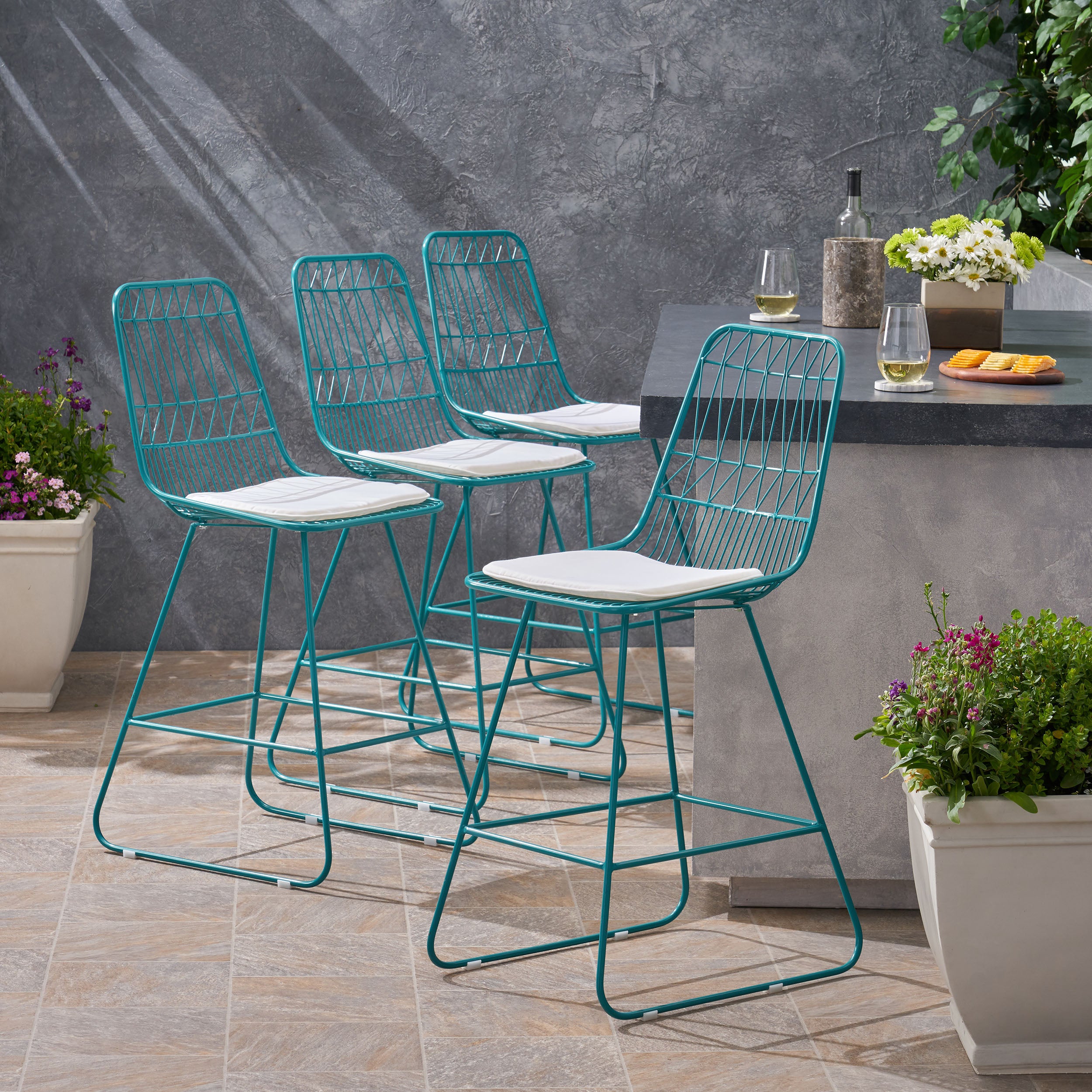 Ella Outdoor Wire Counter Stools with Cushions (Set of 4), Teal and Ivory