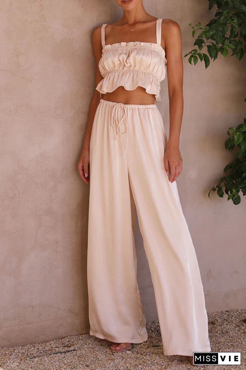 Plain Ruched Cami Crop Top With Wide Leg Pants 2pcs Set